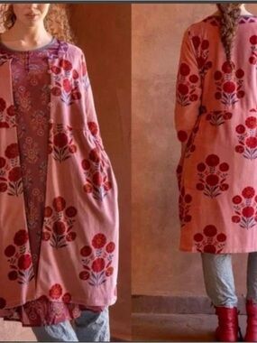 “Nila” dusty pink floral long cardigan / dress / coat by Gudrun Sjoden